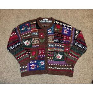 Vintage Womens Thick Cardigan Sweater ABC Grannycore Teacher Artsy Cottagecore L